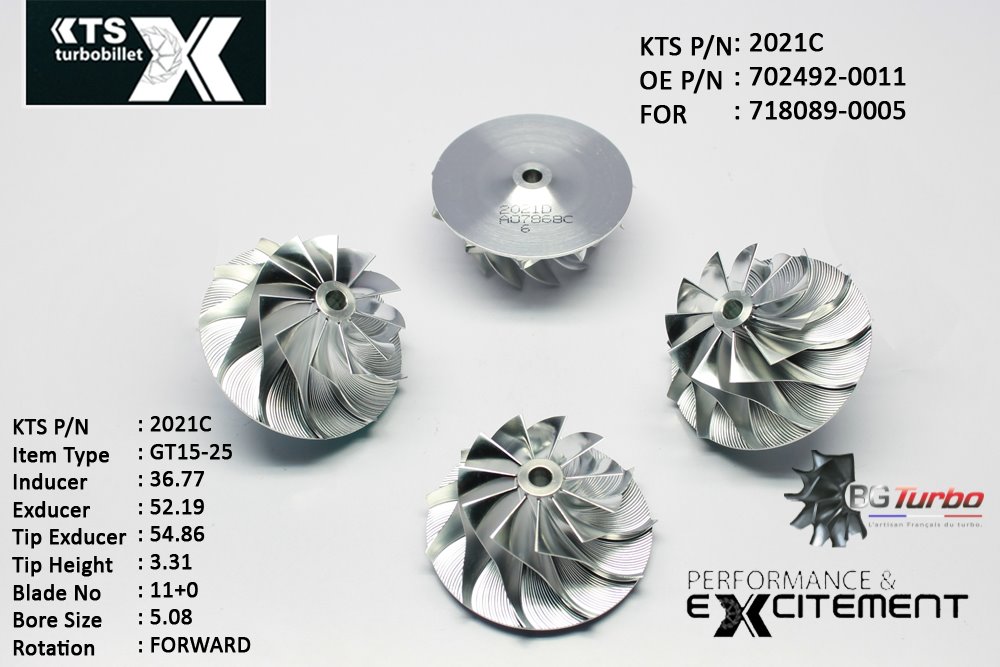 Turbo ROUE FORGÉE MFS PERFORMANCE - 11+0 PALES - INDUCER : 36,77 - EXDUCER : 52,19 - TYPE : GT15-25ANGLE : 65° - ROTATION : Forward - SUPER BACK : 2,39 - BORE SIZE : 5,08
